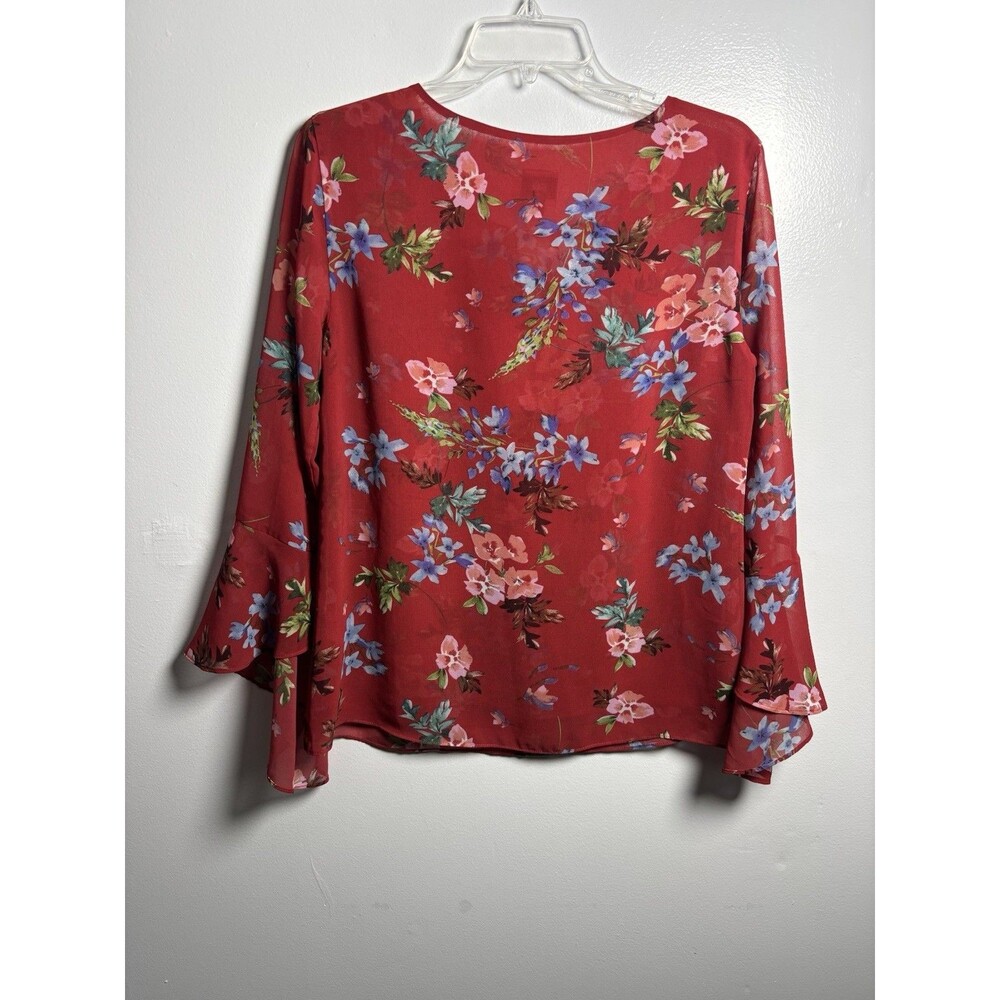 CAbi Red Floral Chiffon Sheer Ruffle Bell Sleeve V-Neck Blouse Women’s S 3590 - Picture 5 of 8